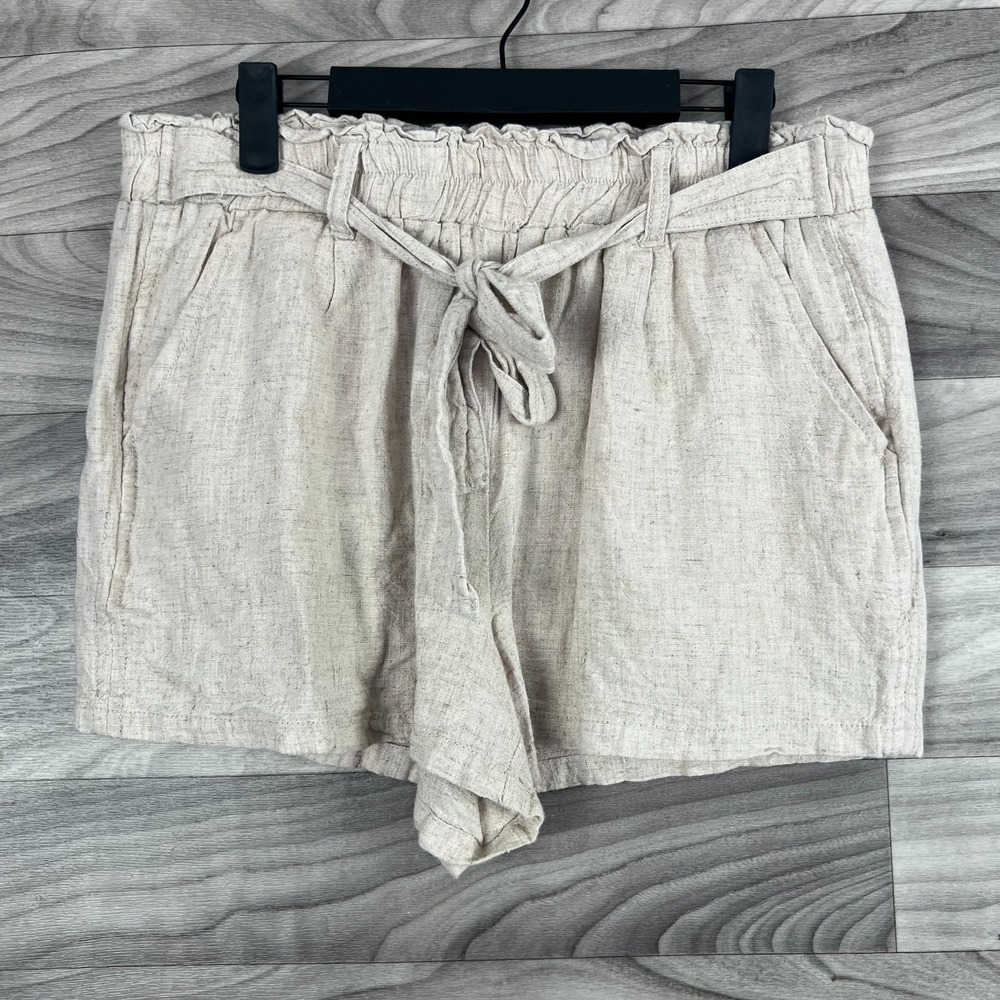 Angel Kiss Paper Bag Shorts Women's Large Beige Linen Belted-Waist Slash Pockets